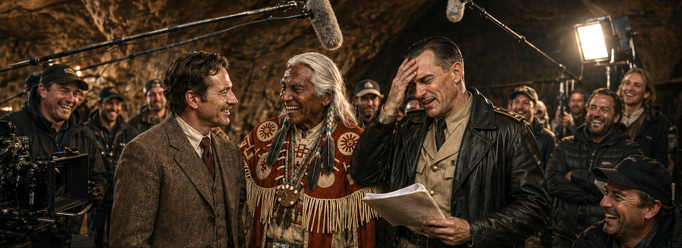 Ashdown, Yoketwa and Kessler on the set of the Cave of Time